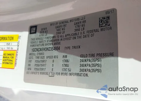 2017 Chevrolet Silverado 1500 Wt z USA, uszkodzony, nr VIN 1GCNCNEH3HZ354904